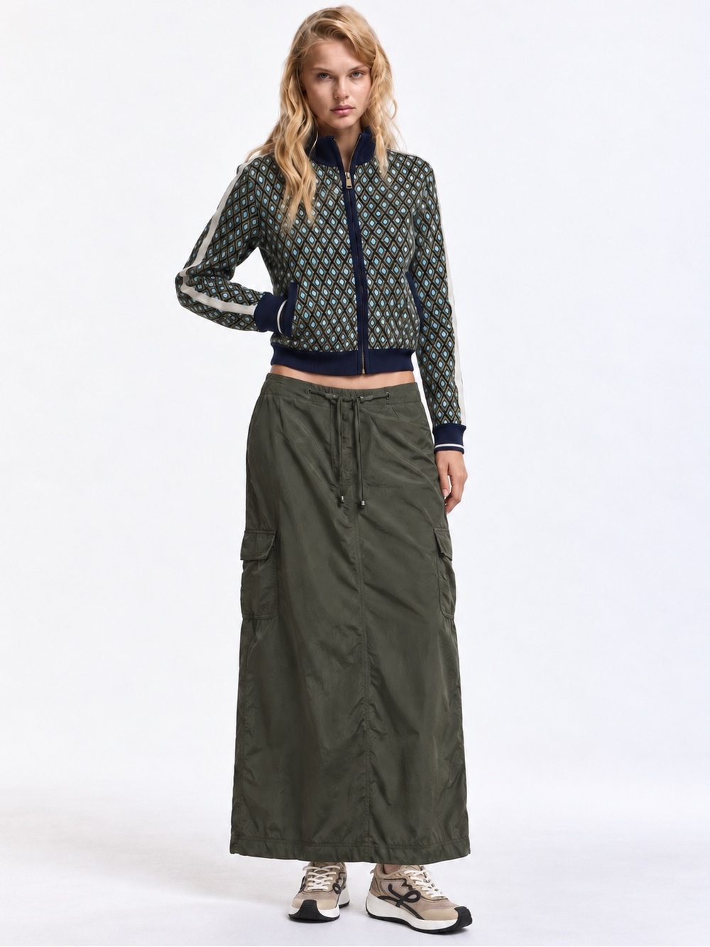 VTG 90s Gina B. Parachute Cargo Maxi Skirt Olive Green Utility Gorpcore M
